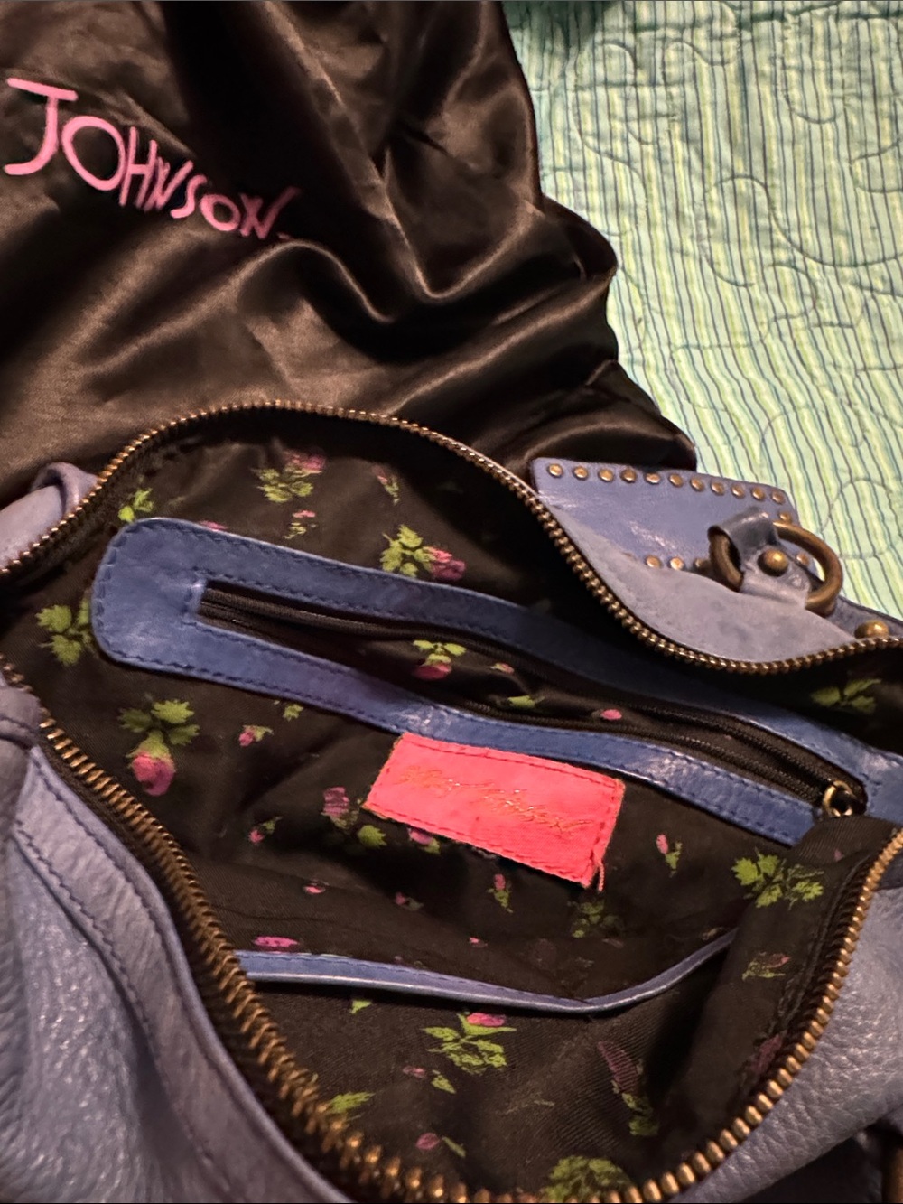 Betsey Johnson Blue Leather Shoulder Bag with Rose Charm - Picture 6 of 7